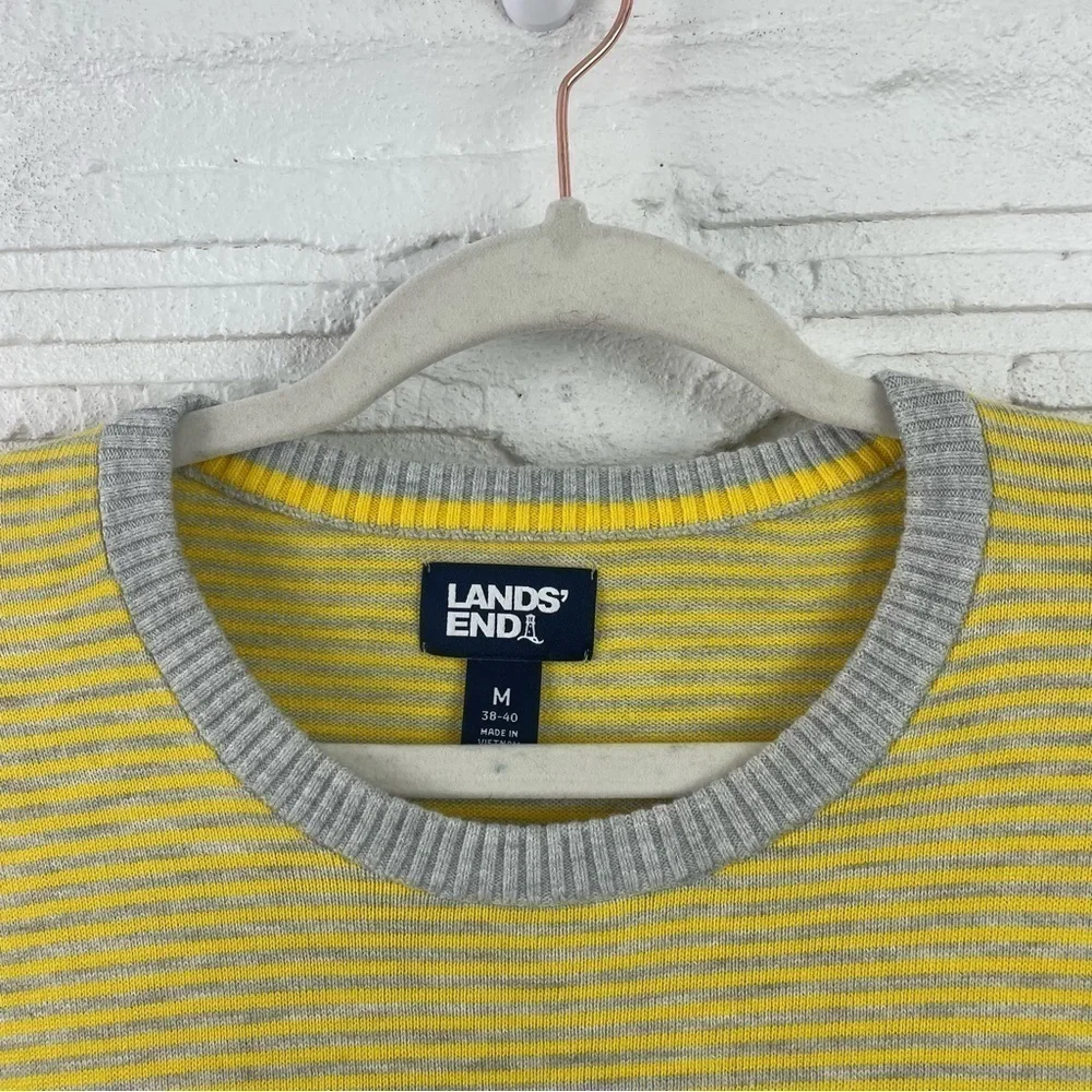 Lands' End Men's Lightweight‎ Crew Neck Pullover Sweater Yellow & Gray Striped M